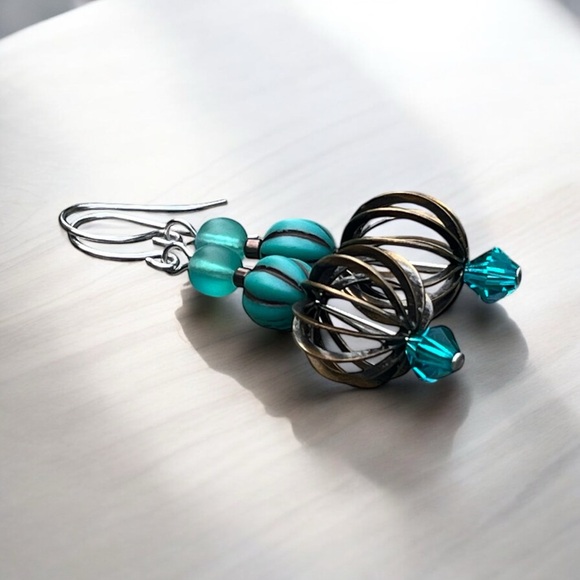 Hand crafted Teal and Brass Earrings - Picture 9 of 10
